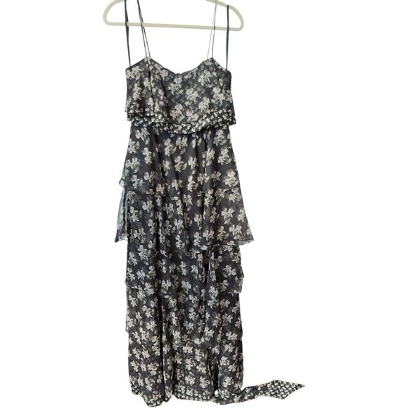 Jill Jill Stuart Sleeveless Spaghetti Strap Black Floral Kiera Ruffle Gown. 6. - Picture 2 of 11